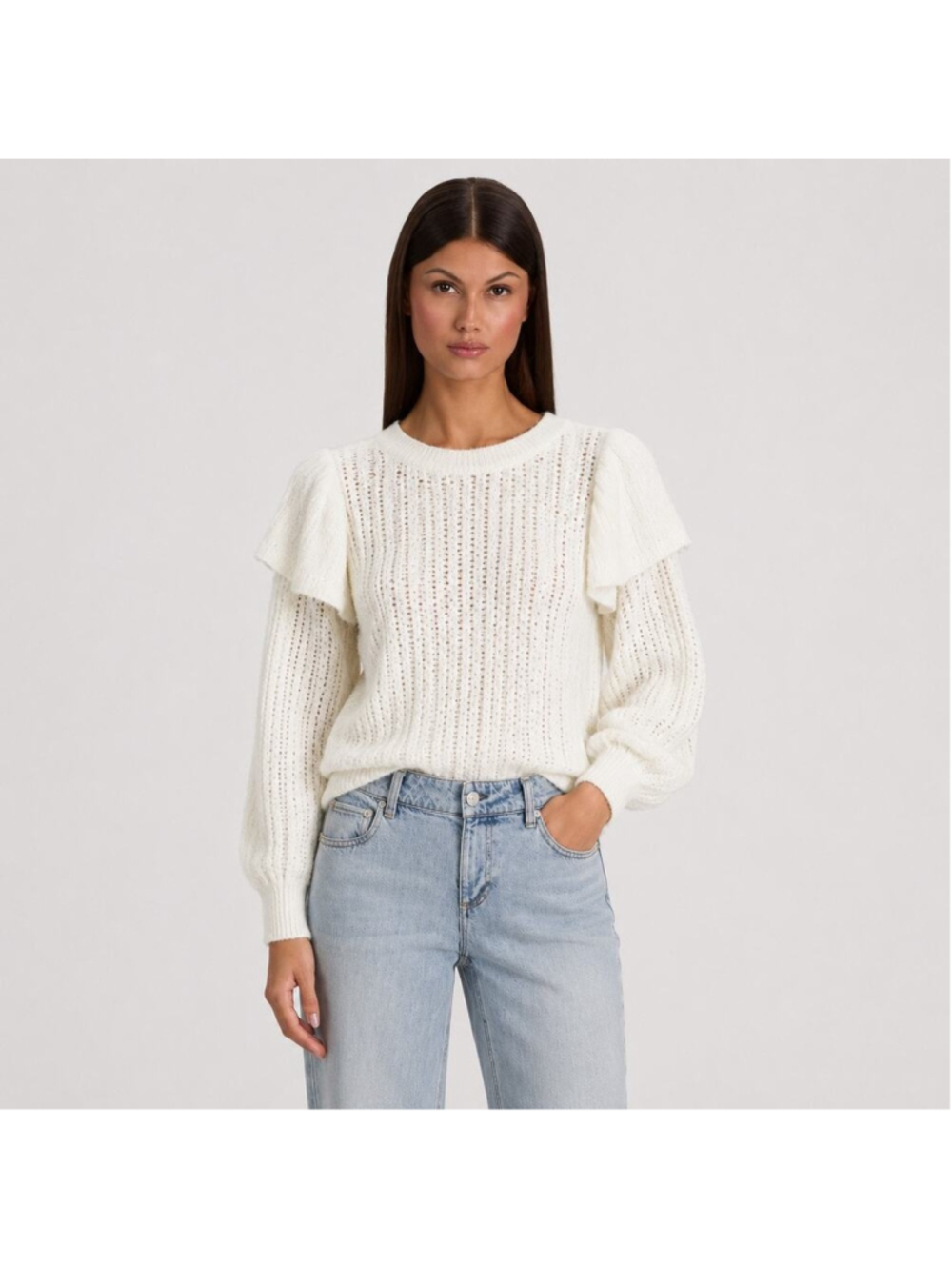 Alice Olivia Rosi Pearl Embellished Ruffle Wool Cable Knit Sweater M NWT